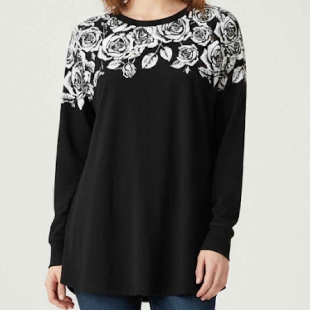 LuLaRoe XS Black black‎ White Rose Floral Yoke Long Sleeve Top Shirt Pullover XS